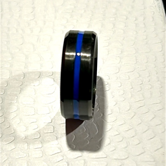 Tungsten Carbide Black Blue Center Groove Beveled Edge Ring - Picture 6 of 10